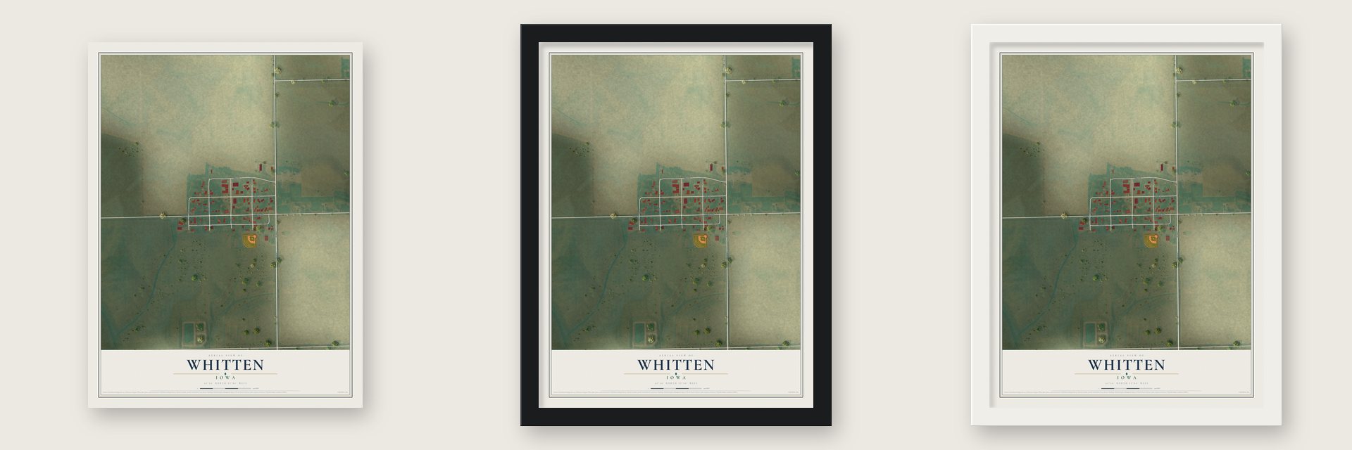 Whitten, Iowa map unframed, in a black wood frame and in a white wood frame