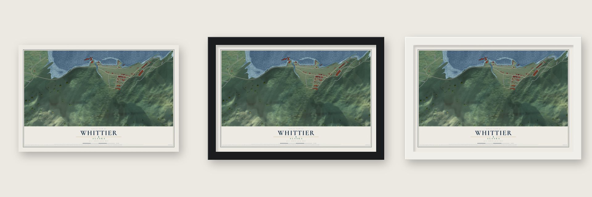 Whittier, Alaska map unframed, in a black wood frame and in a white wood frame