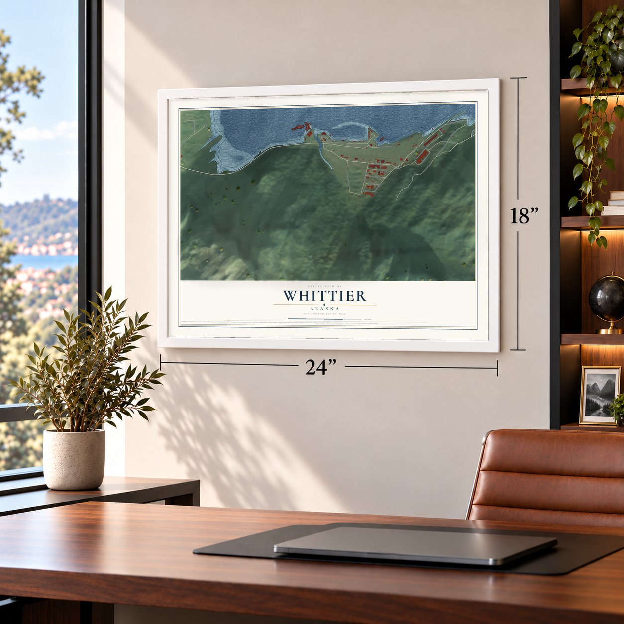 Whittier, Alaska map, 18 x 24 inch print in a white frame in a home office