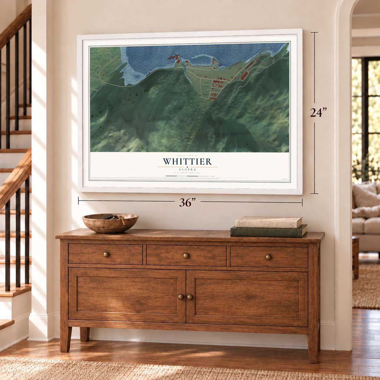 Whittier, Alaska map, 24 x 36 inch print in a white frame above a dresser by a staircase