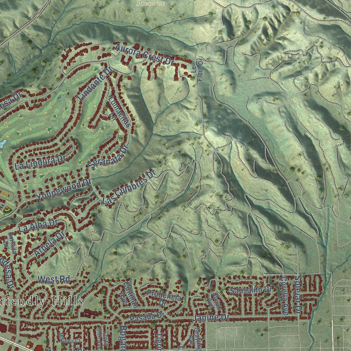 Second close-up of the map of Whittier, California print showing more streets and buildings
