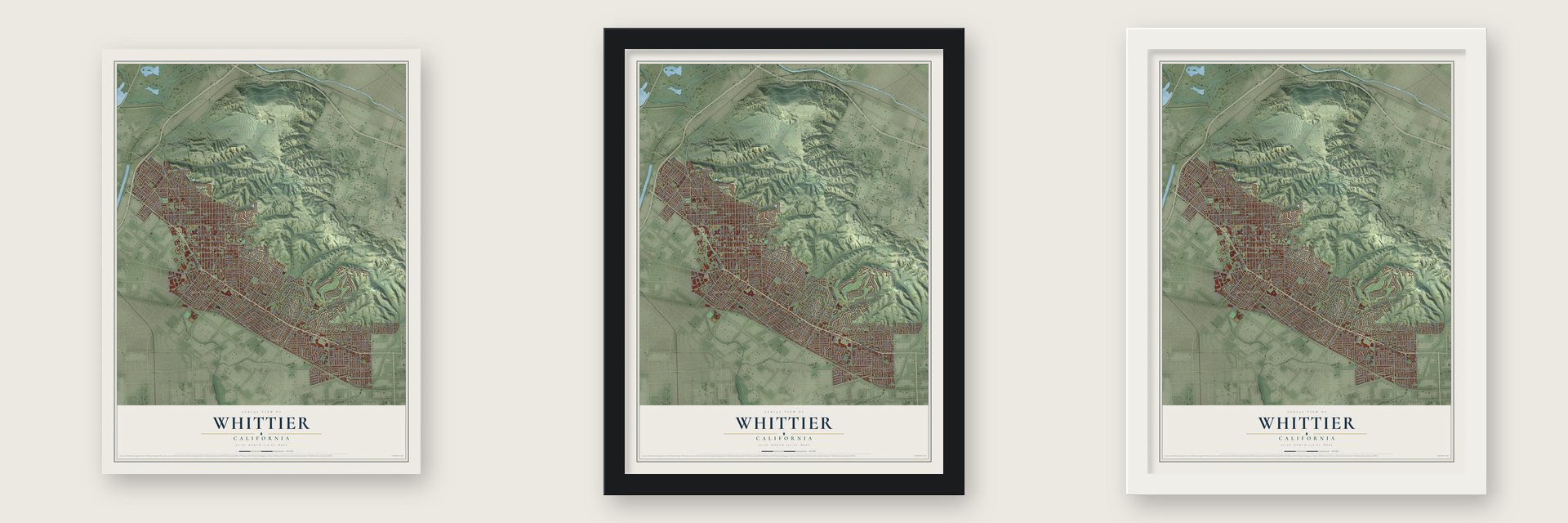 Whittier, California map unframed, in a black wood frame and in a white wood frame