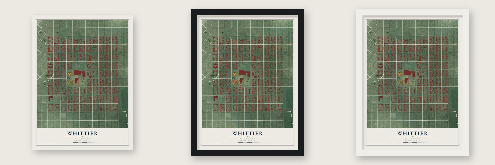 Whittier, Colorado map unframed, in a black wood frame and in a white wood frame