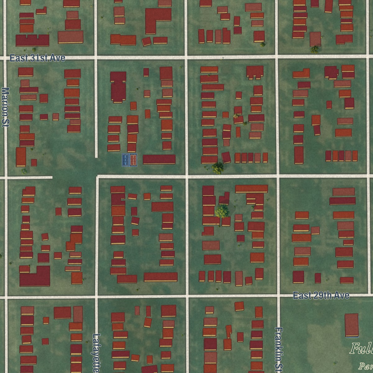 Second close-up of the map of Whittier, Colorado print showing more streets and buildings