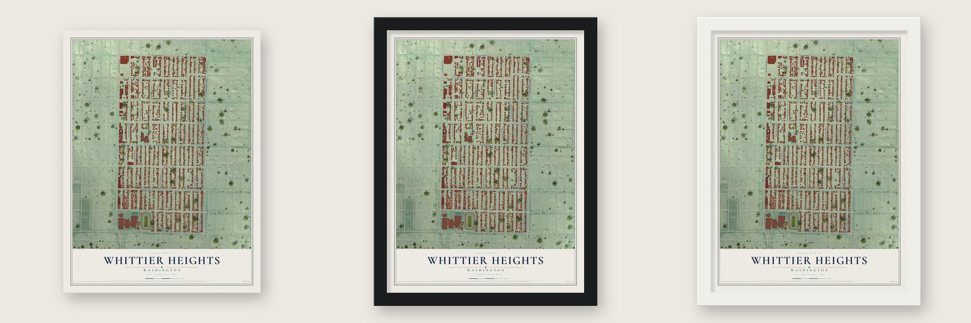 Whittier Heights, Washington map unframed, in a black wood frame and in a white wood frame