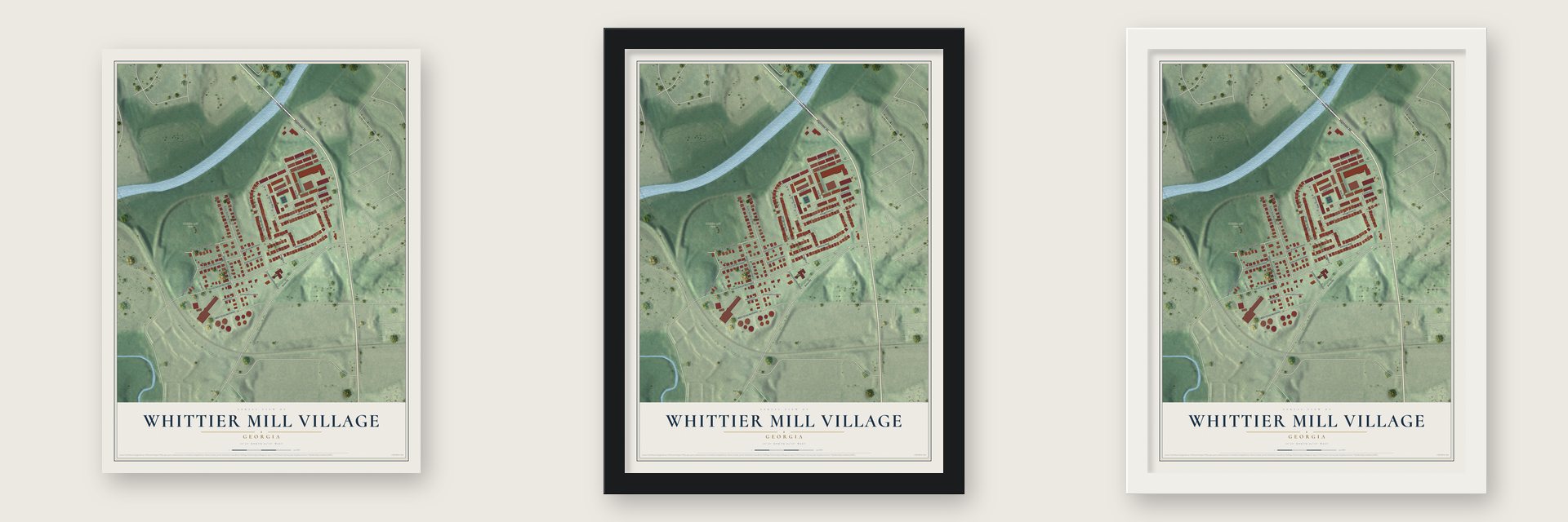 Whittier Mill Village, Georgia map unframed, in a black wood frame and in a white wood frame
