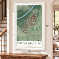 Whittier Mill Village, Georgia map, 24 x 36 inch print in a white frame by a staircase