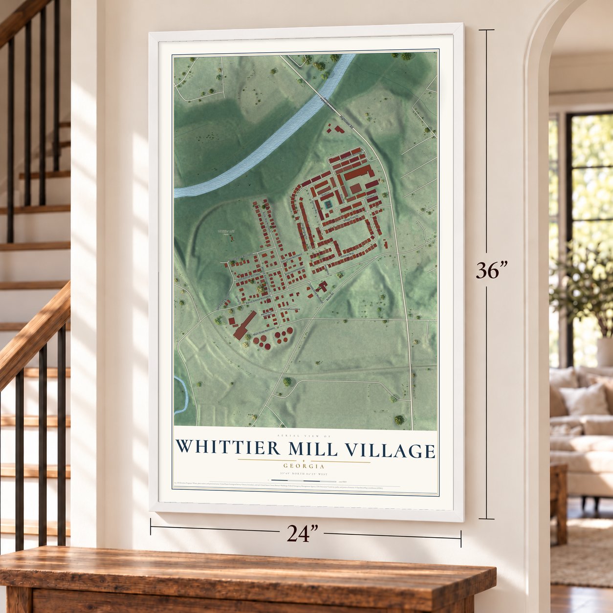 Whittier Mill Village, Georgia map, 24 x 36 inch print in a white frame by a staircase