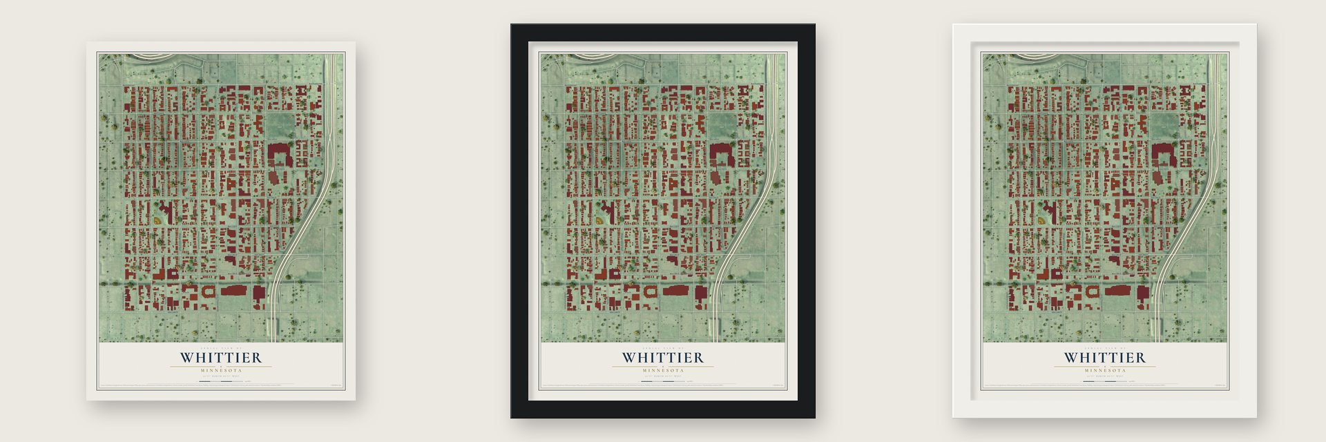 Whittier, Minnesota map unframed, in a black wood frame and in a white wood frame