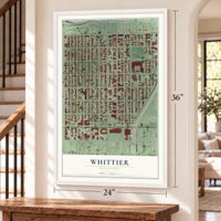 Whittier, Minnesota map, 24 x 36 inch print in a white frame by a staircase