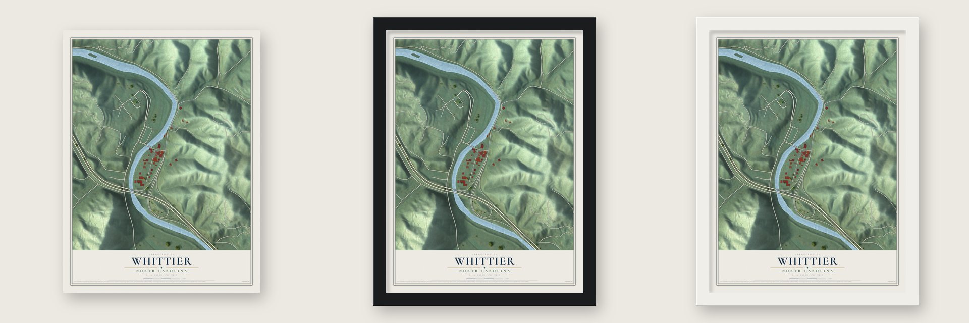 Whittier, North Carolina map unframed, in a black wood frame and in a white wood frame