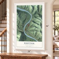 Whittier, North Carolina map, 24 x 36 inch print in a white frame by a staircase