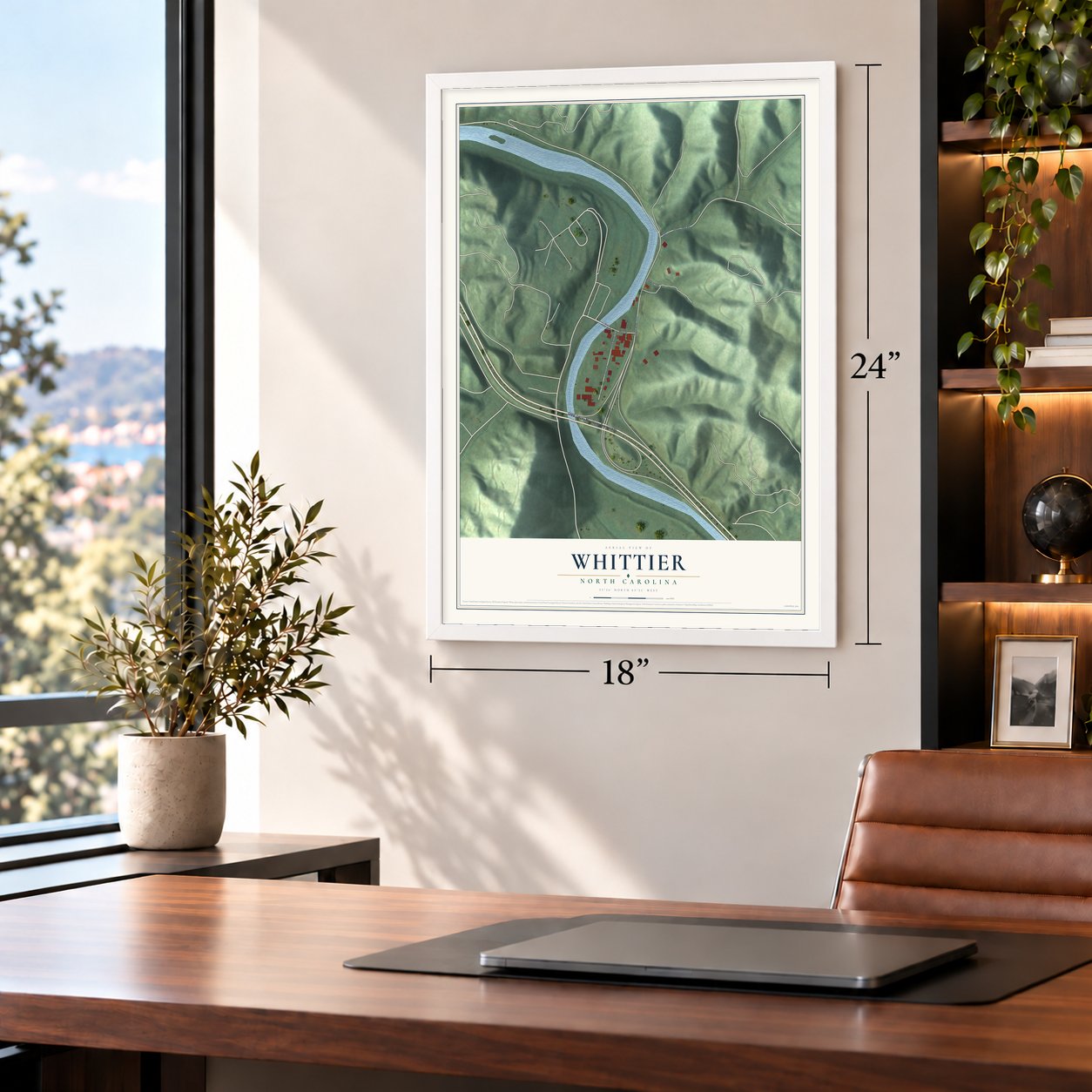 Whittier, North Carolina map, 18 x 24 inch print in a white frame in a home office