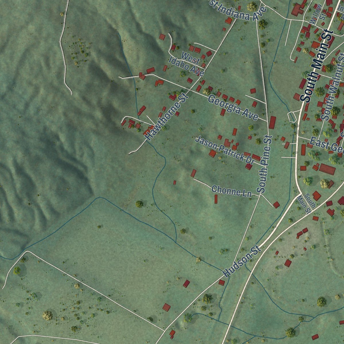 Second close-up of the map of Whitwell, Tennessee print showing more streets and buildings