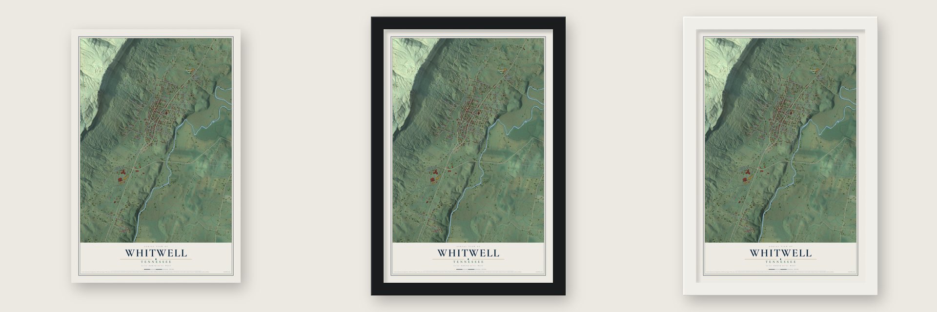 Whitwell, Tennessee map unframed, in a black wood frame and in a white wood frame