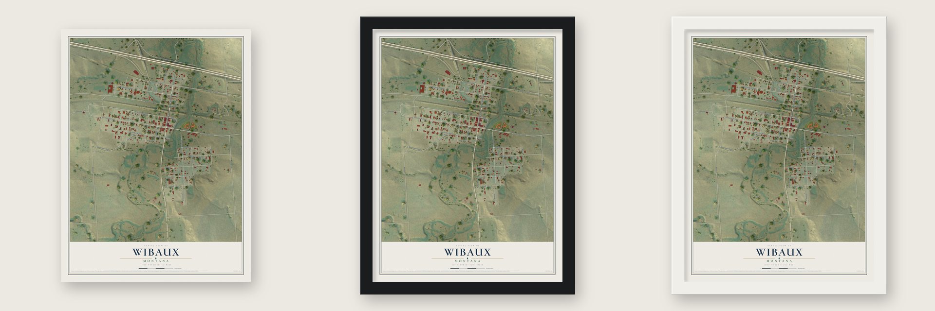 Wibaux, Montana map unframed, in a black wood frame and in a white wood frame