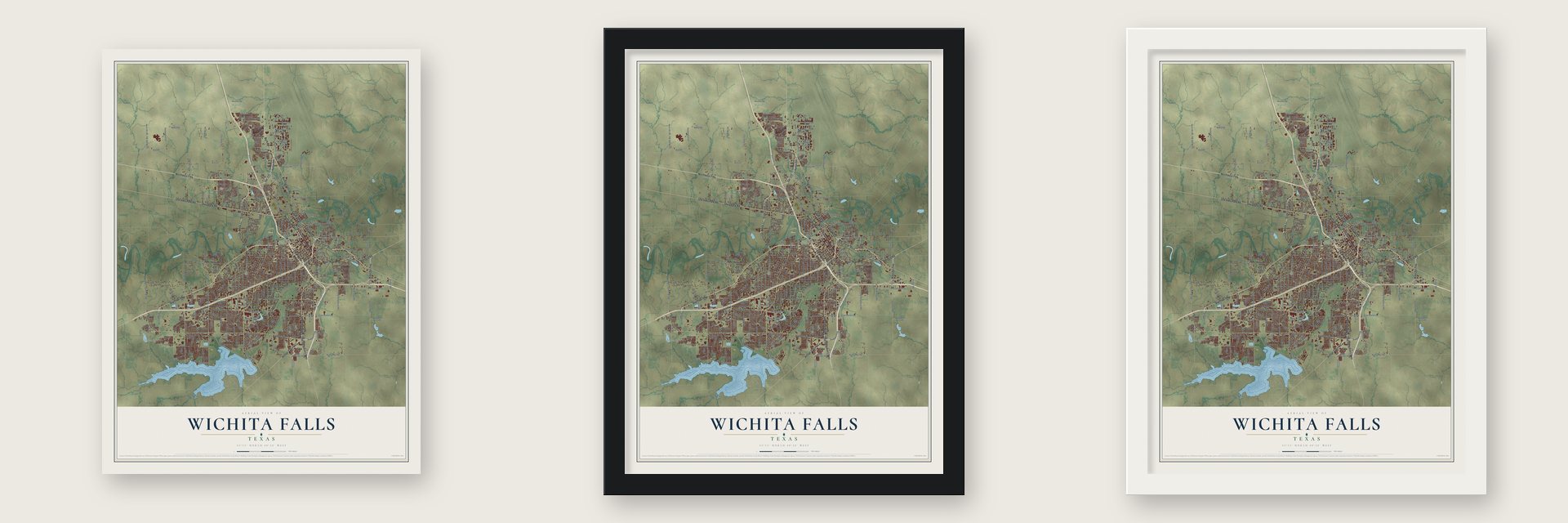 Wichita Falls, Texas map unframed, in a black wood frame and in a white wood frame