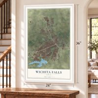 Wichita Falls, Texas map, 24 x 36 inch print in a white frame by a staircase