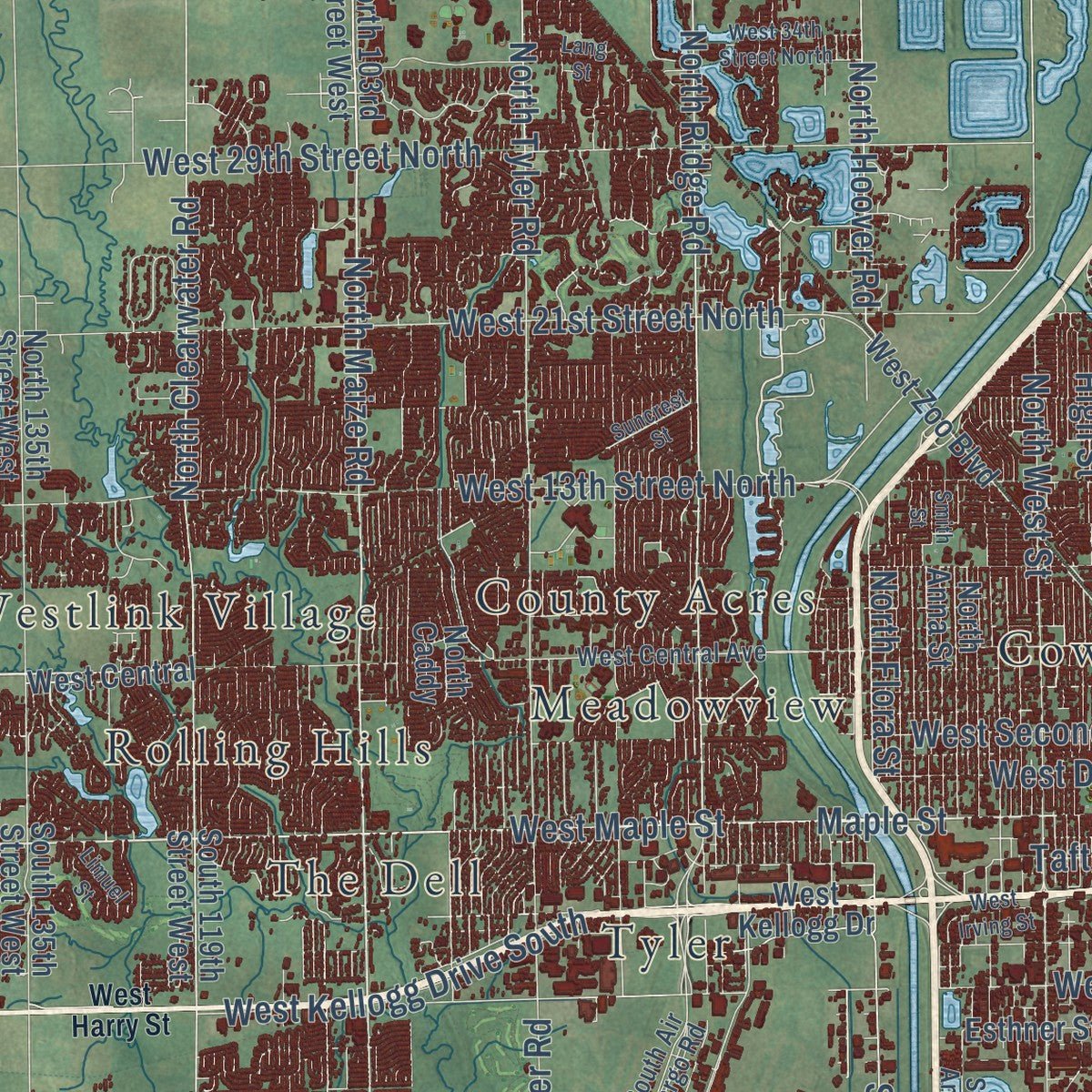 Second close-up of the map of Wichita, Kansas print showing more streets and buildings