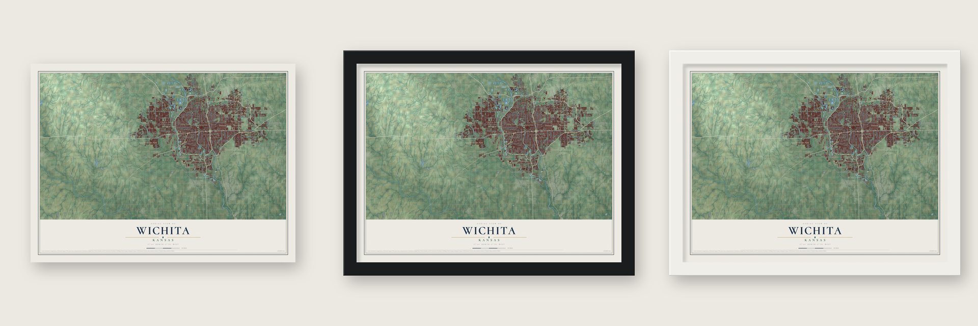 Wichita, Kansas map unframed, in a black wood frame and in a white wood frame