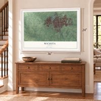 Wichita, Kansas map, 24 x 36 inch print in a white frame above a dresser by a staircase