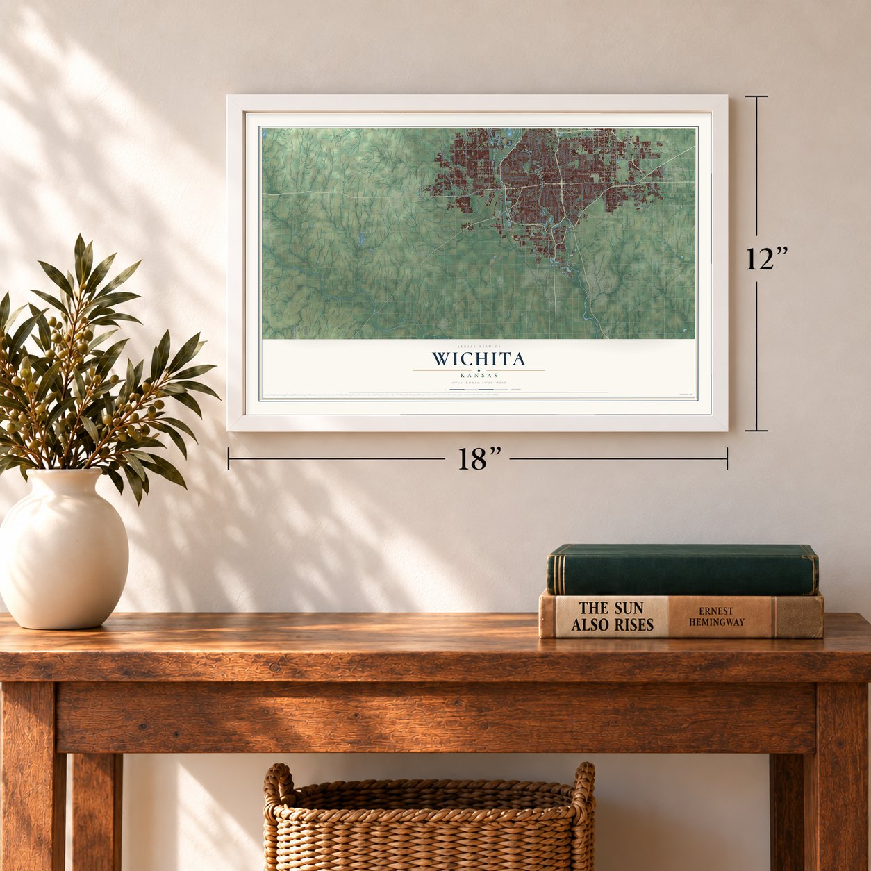Wichita, Kansas map, 12 x 18 inch print in a white frame in an entryway