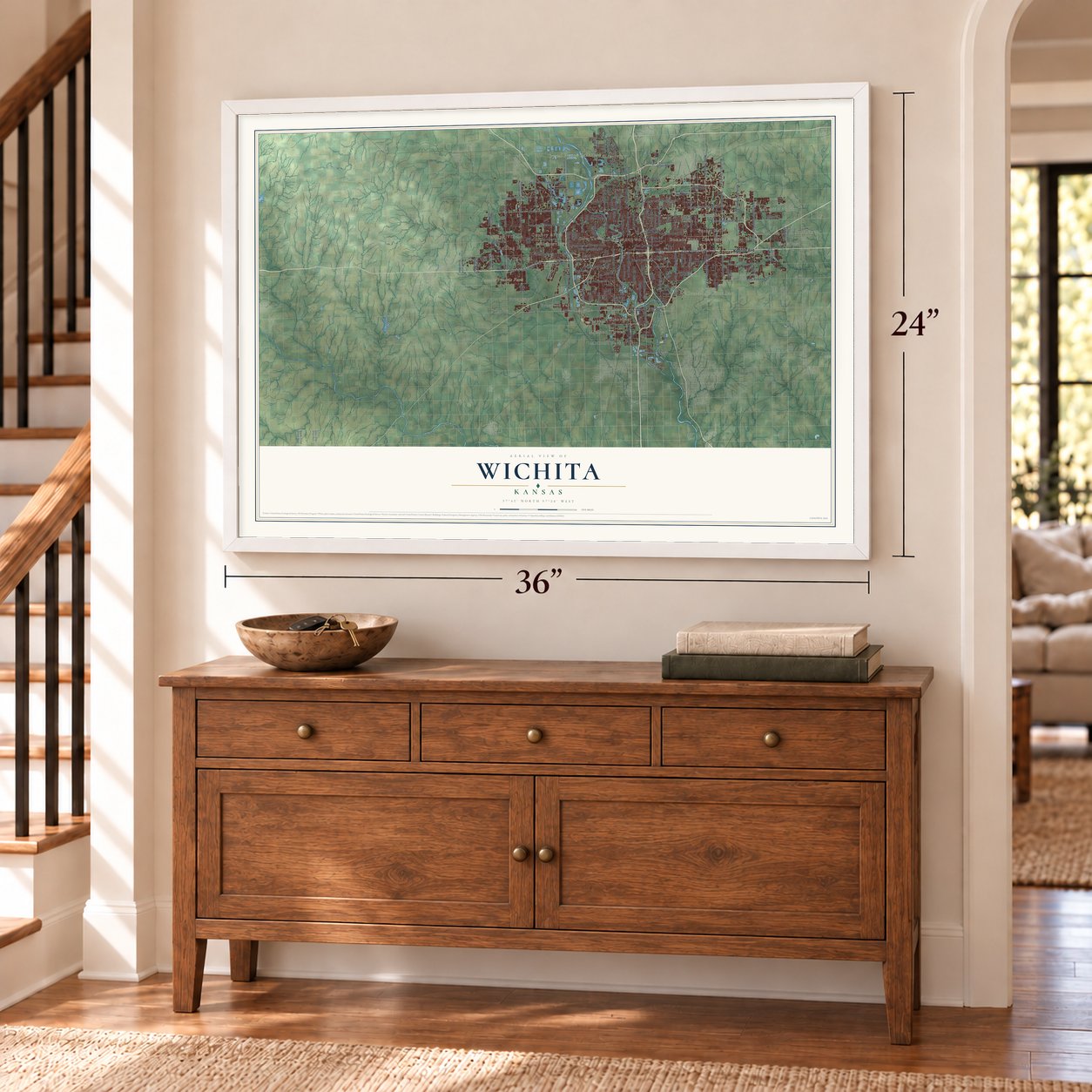 Wichita, Kansas map, 24 x 36 inch print in a white frame above a dresser by a staircase