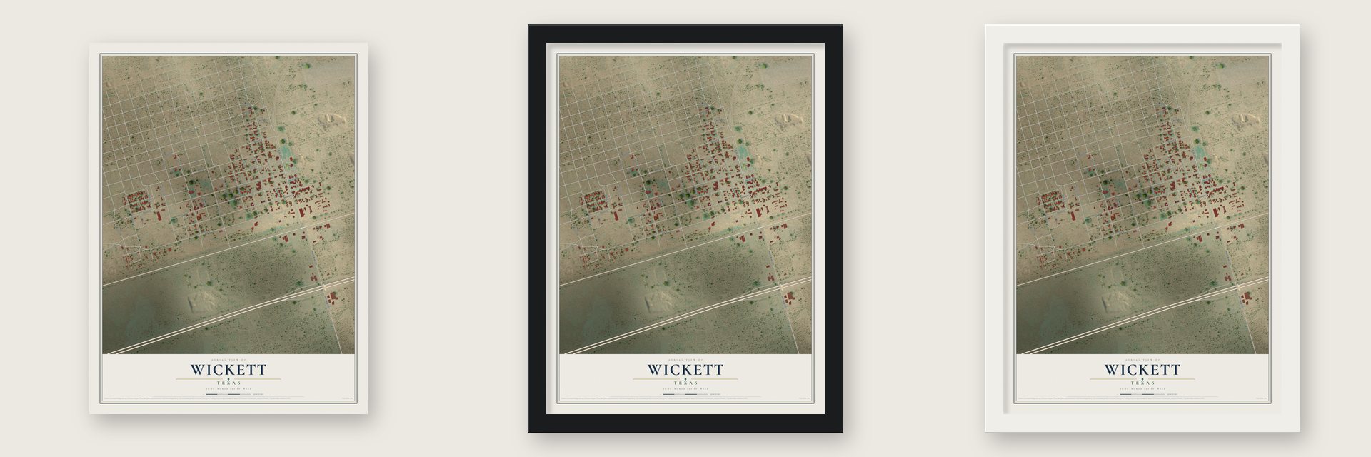 Wickett, Texas map unframed, in a black wood frame and in a white wood frame