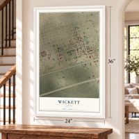 Wickett, Texas map, 24 x 36 inch print in a white frame by a staircase