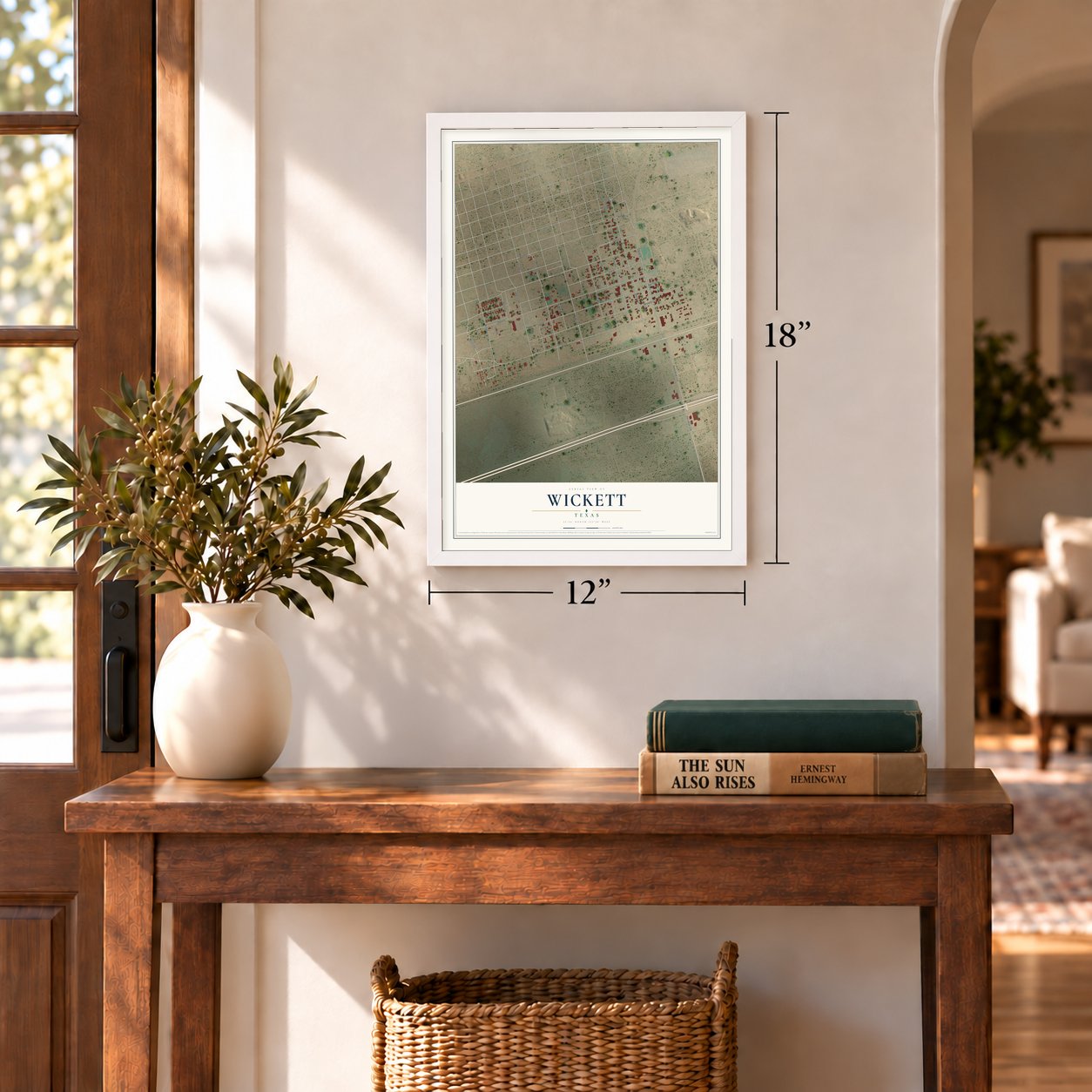 Wickett, Texas map, 12 x 18 inch print in a white frame in an entryway