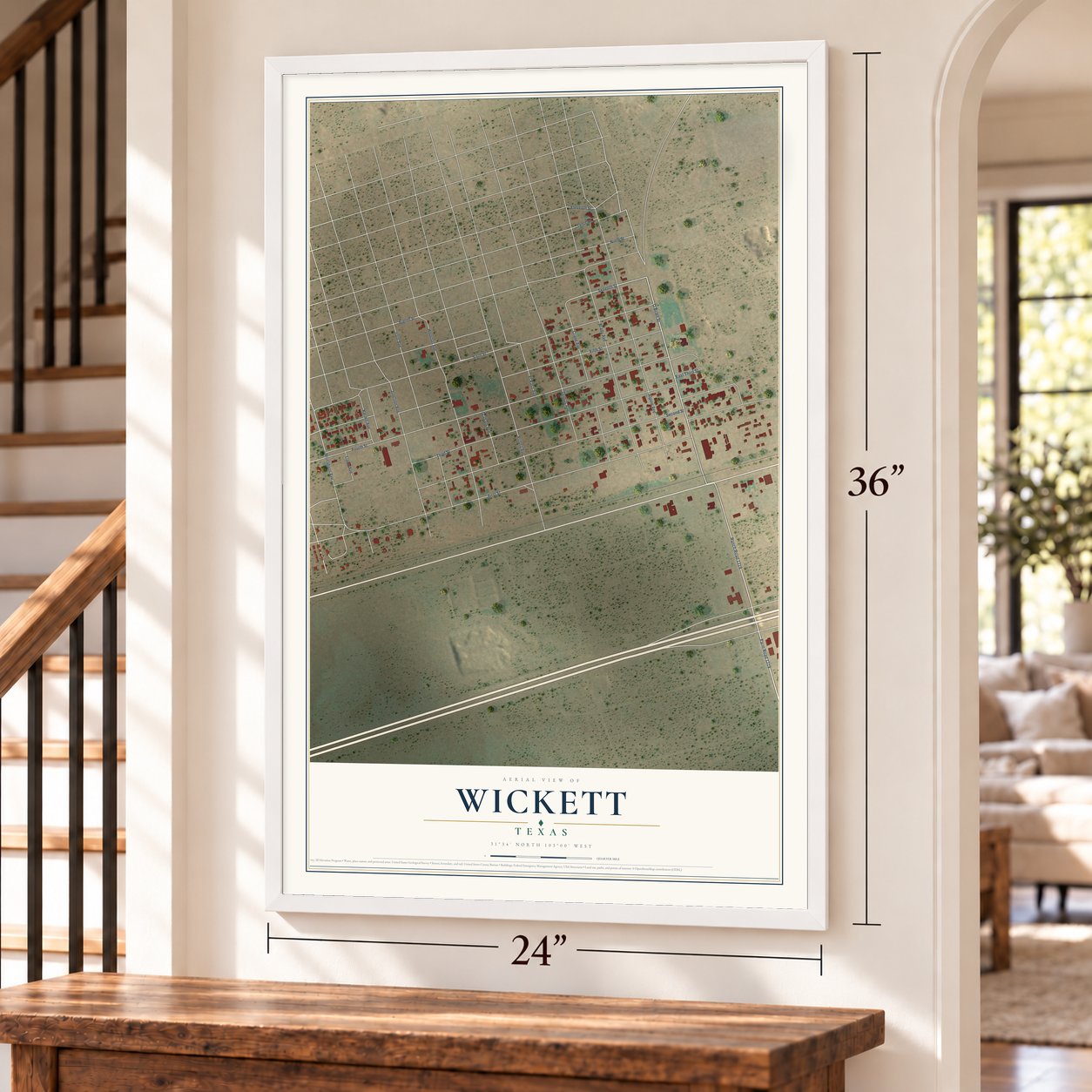 Wickett, Texas map, 24 x 36 inch print in a white frame by a staircase