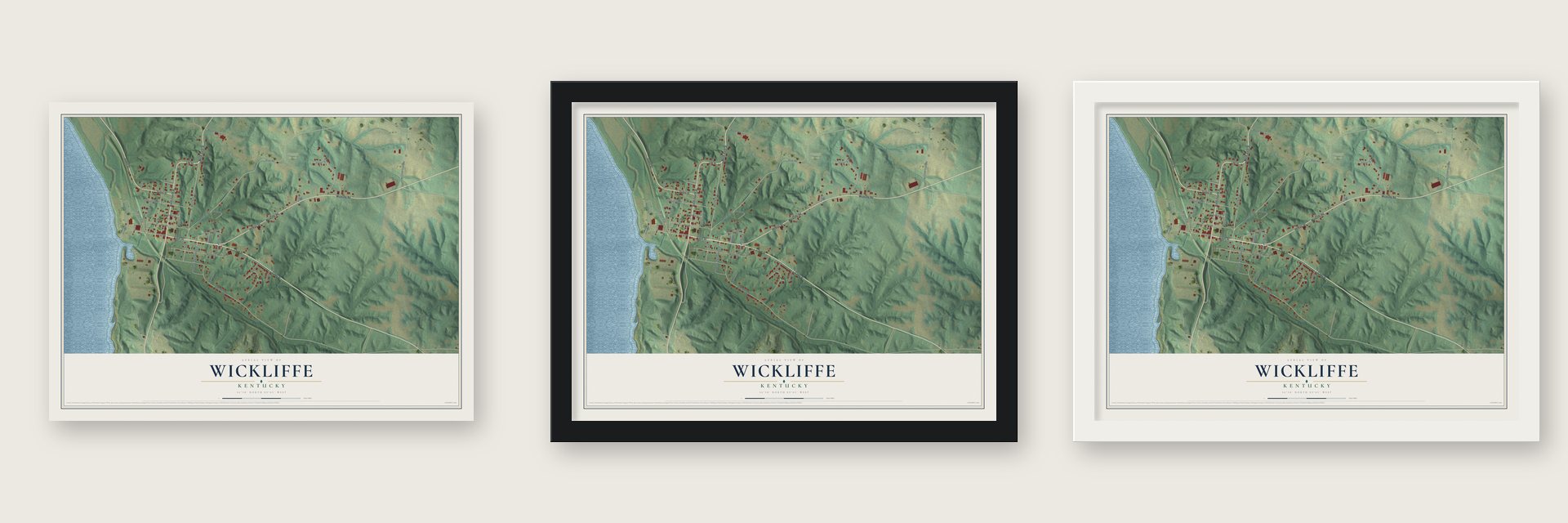 Wickliffe, Kentucky map unframed, in a black wood frame and in a white wood frame