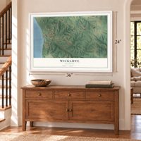 Wickliffe, Kentucky map, 24 x 36 inch print in a white frame above a dresser by a staircase