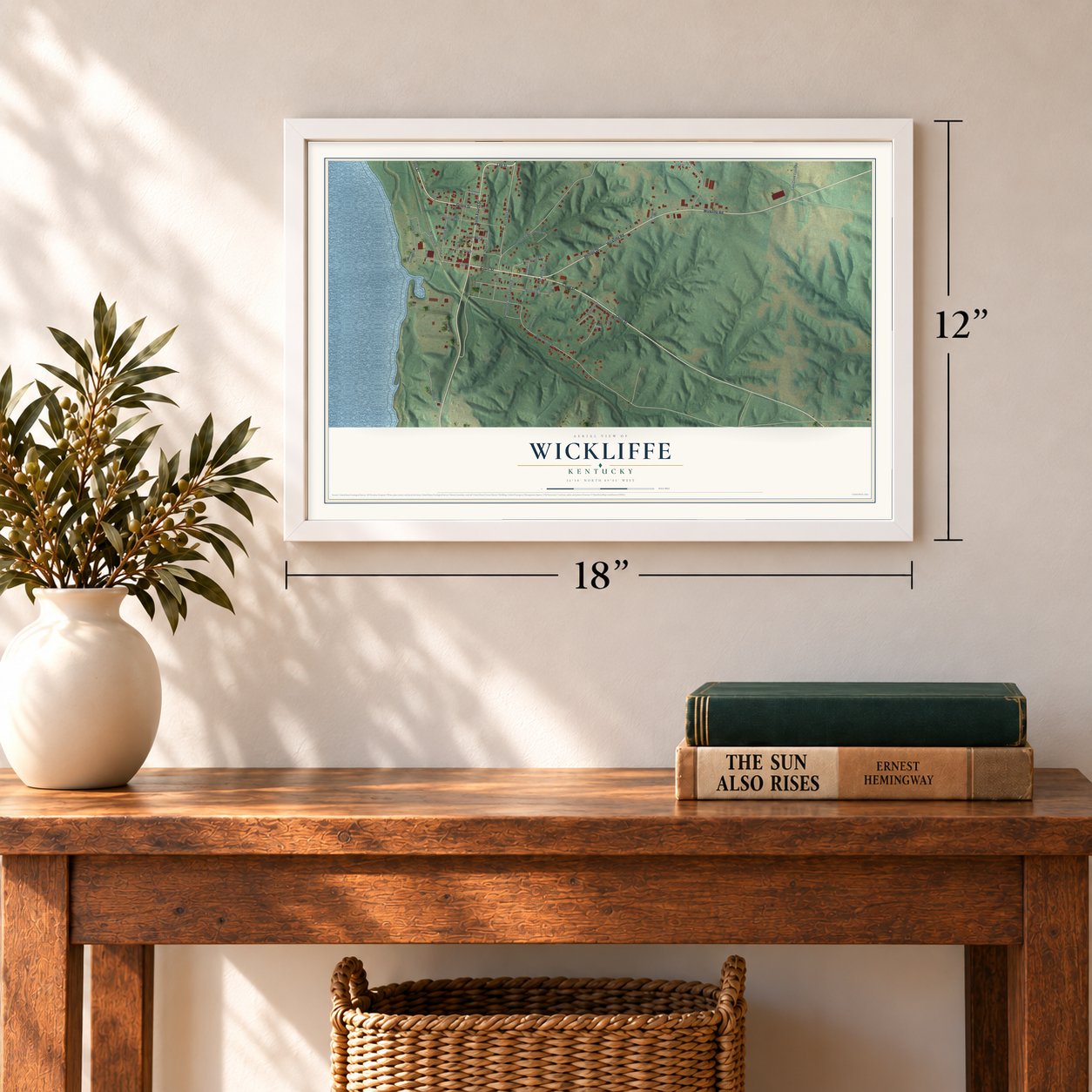 Wickliffe, Kentucky map, 12 x 18 inch print in a white frame in an entryway