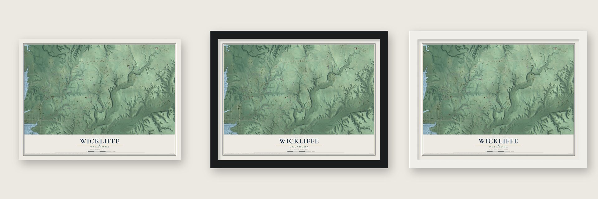 Wickliffe, Oklahoma map unframed, in a black wood frame and in a white wood frame