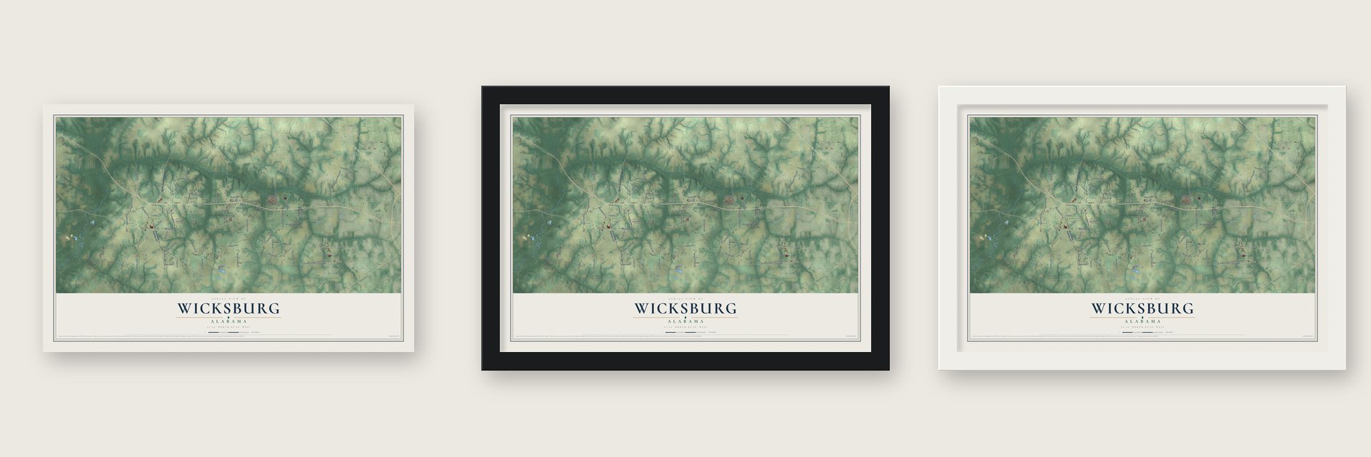 Wicksburg, Alabama map unframed, in a black wood frame and in a white wood frame