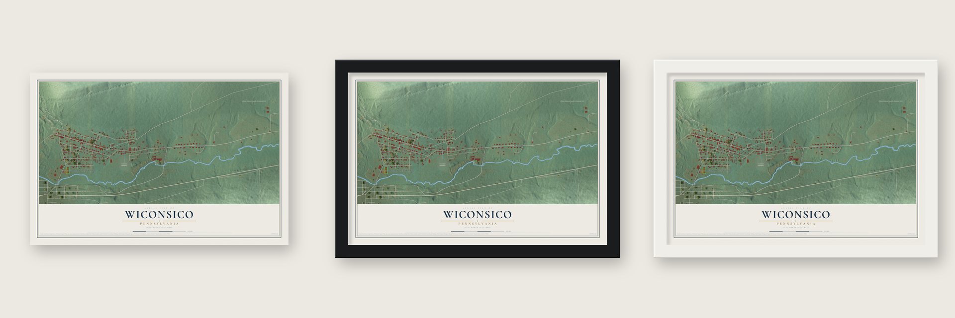 Wiconsico, Pennsylvania map unframed, in a black wood frame and in a white wood frame
