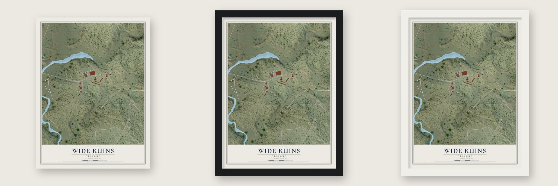 Wide Ruins, Arizona map unframed, in a black wood frame and in a white wood frame