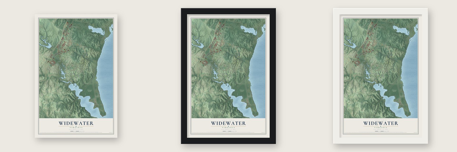 Widewater, Virginia map unframed, in a black wood frame and in a white wood frame