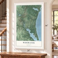 Widewater, Virginia map, 24 x 36 inch print in a white frame by a staircase