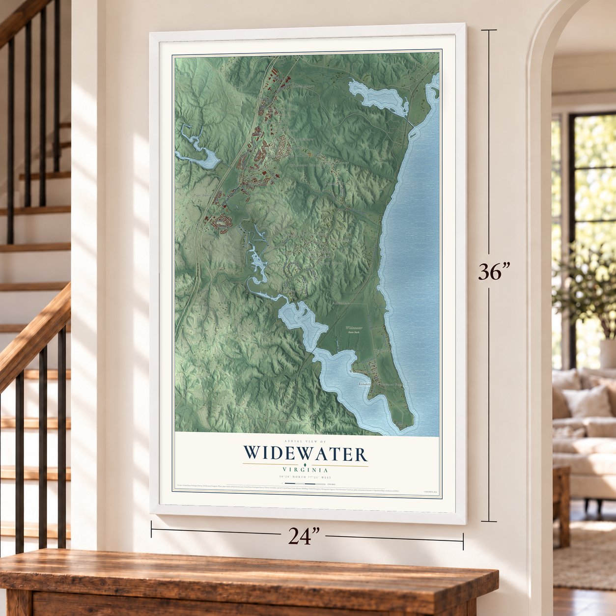 Widewater, Virginia map, 24 x 36 inch print in a white frame by a staircase
