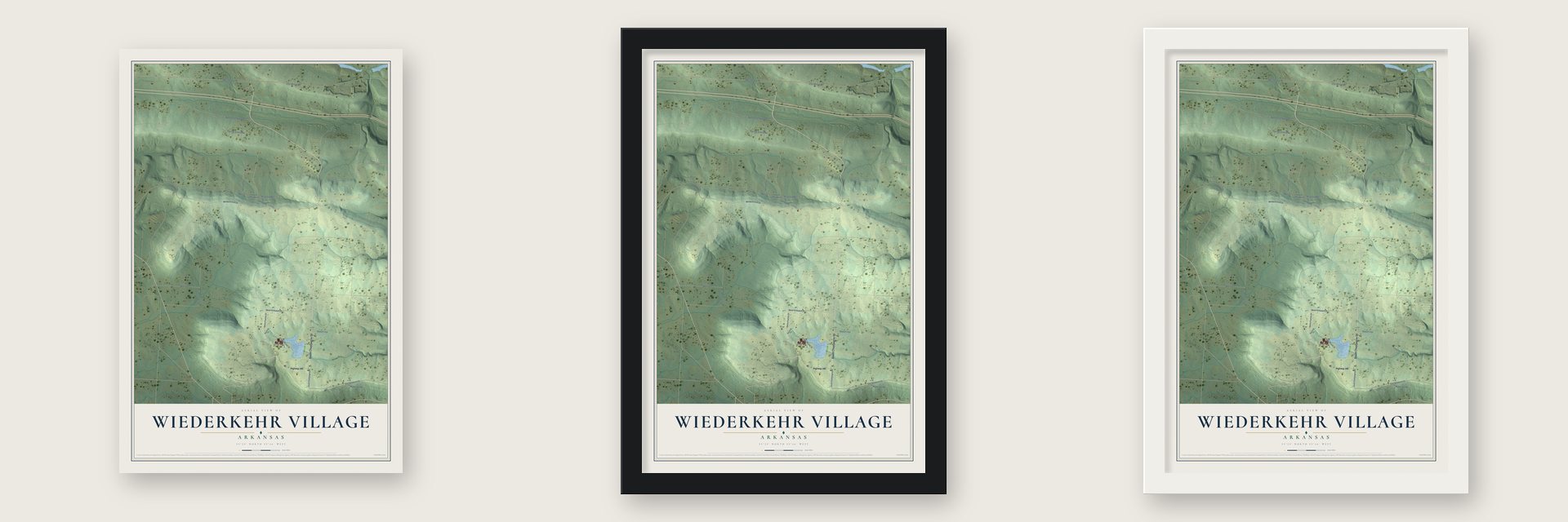 Wiederkehr Village, Arkansas map unframed, in a black wood frame and in a white wood frame