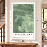 Wiederkehr Village, Arkansas map, 24 x 36 inch print in a white frame by a staircase