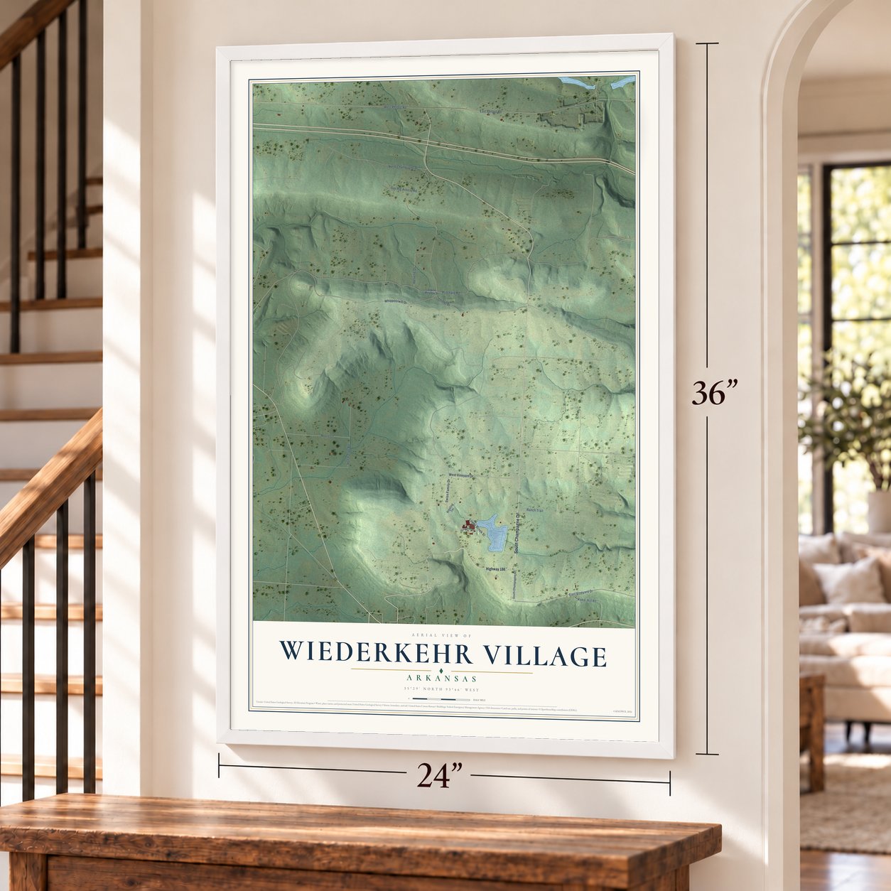Wiederkehr Village, Arkansas map, 24 x 36 inch print in a white frame by a staircase