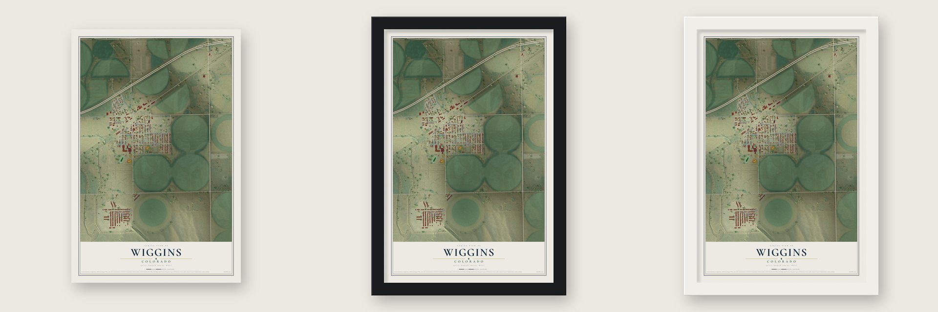 Wiggins, Colorado map unframed, in a black wood frame and in a white wood frame