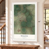 Wiggins, Colorado map, 24 x 36 inch print in a white frame by a staircase