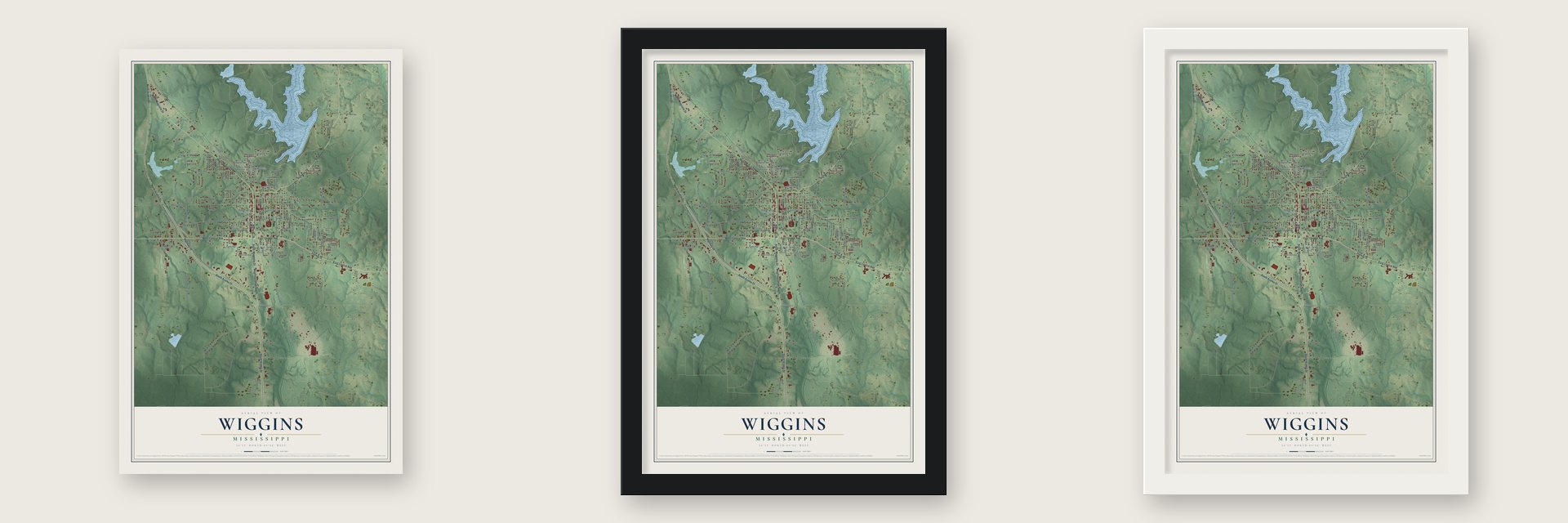 Wiggins, Mississippi map unframed, in a black wood frame and in a white wood frame