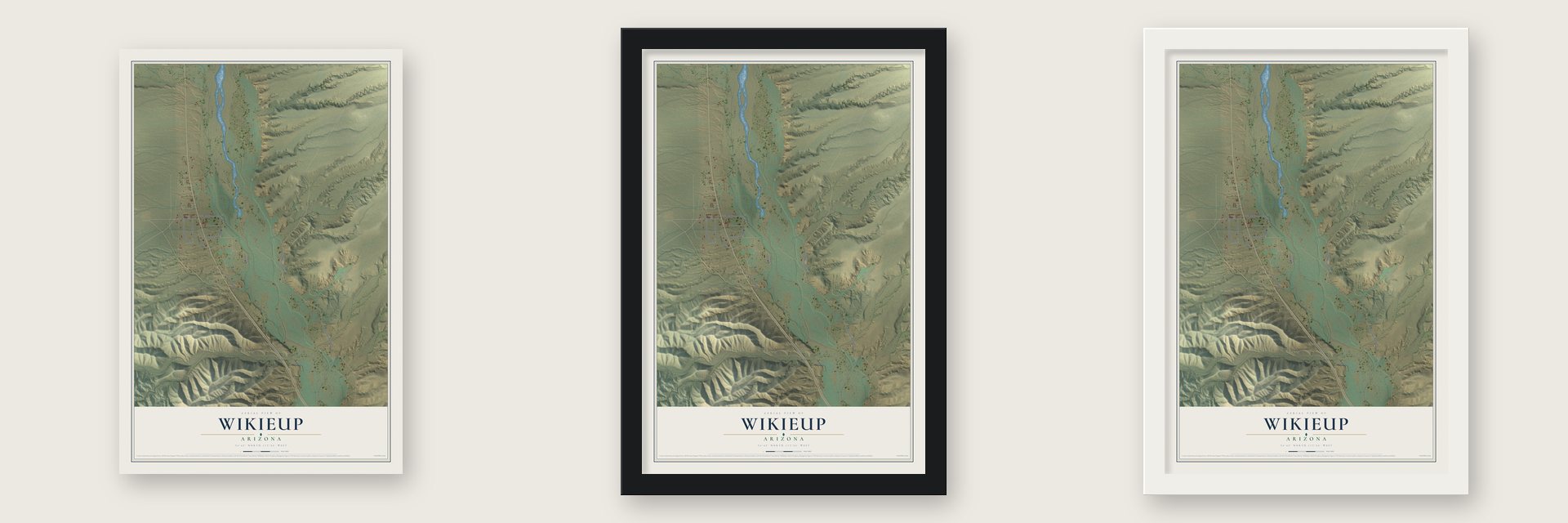 Wikieup, Arizona map unframed, in a black wood frame and in a white wood frame