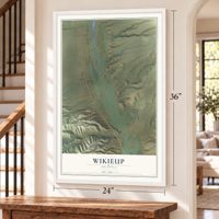 Wikieup, Arizona map, 24 x 36 inch print in a white frame by a staircase