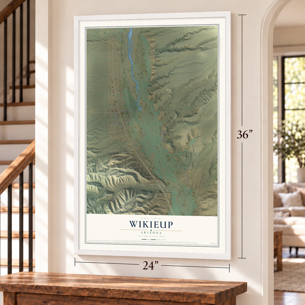 Wikieup, Arizona map, 24 x 36 inch print in a white frame by a staircase